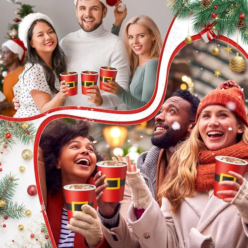Vista 6 de Yaomiao 300 tazas de papel de Navidad de 9 onzas, diseño de cinturón de Papá Noel, desechables, tazas de café de cacao caliente para Navidad, a