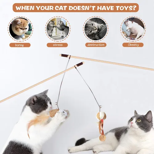 Vista 4 de KABB Juguetes para gatos de interior, 3 piezas de 16 pulgadas de madera natural para gatos con recambios de teaser para gatos y gatitos que se Lino