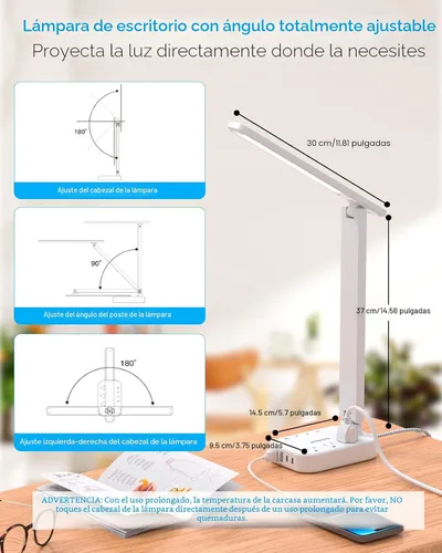 Vista 6 de One Beat lámpara de escritorio LED pequeña con extensión de 5 pies, tira de corriente con 3 tomas de corriente, 4 puertos USB (2 USB C), 4 modos, 5