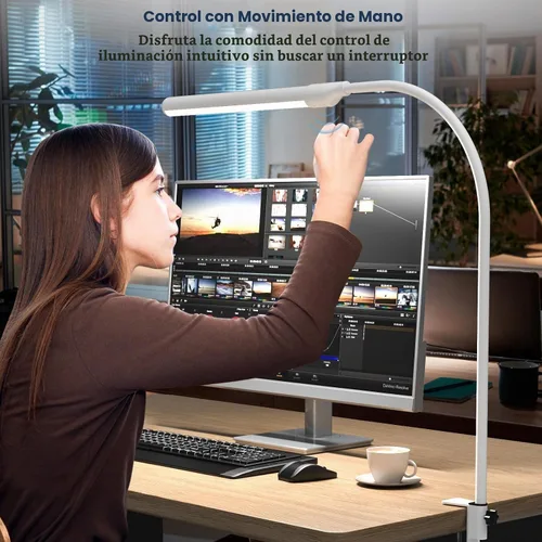 Vista 2 de MY BEAUTY LIGHT Lámpara de escritorio LED inteligente con abrazadera, luz de escritorio con sensor de onda de mano, 2700-6500K 5 temperaturas