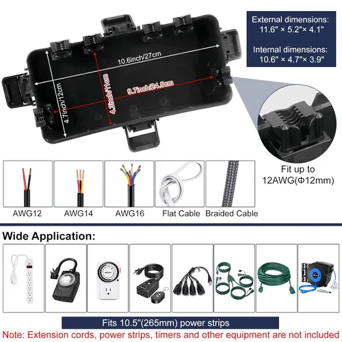 Vista 5 de Caja eléctrica mediana para exteriores (11.6 x 5.2 x 4.1 pulgadas), cubierta de cable de extensión impermeable IP54 con entrada de 6 cables, caja