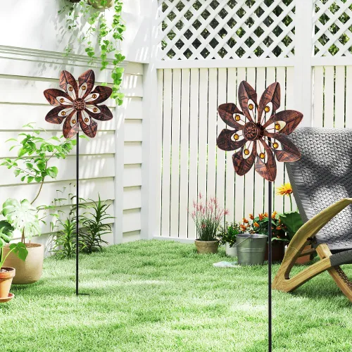 Vista 8 de VEWOGARDEN Paquete de 2 molinillos de viento para exteriores, metal con diseño de flores para decoración de patio, jardín, césped, bronce antiguo
