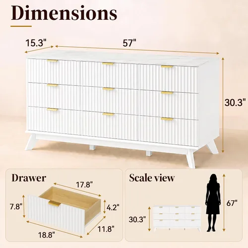 Vista 2 de YESHOMY Cómoda acanalada para dormitorio, cómoda de 57 pulgadas de ancho Blanco