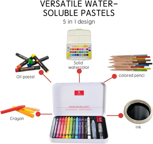 Vista 5 de iCrayon 12 colores pasteles solubles en agua, juego de pasteles de acuarela para principiantes y aficionados, incluye sacapuntas, paleta y pincel