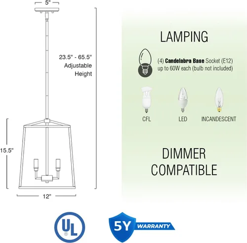 Vista 4 de Kira Home Bellevue - Lámpara colgante moderna de 16 pulgadas, 4 luces, lámpara colgante de metal geométrico dorado y negro, latón cálido y acabado