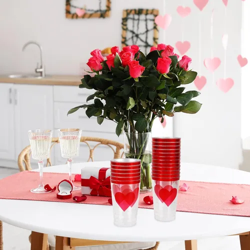 Vista 3 de Whaline Paquete de 32 vasos de plástico transparente para el día de San Valentín, vasos de plástico transparente de 12 onzas con borde rojo