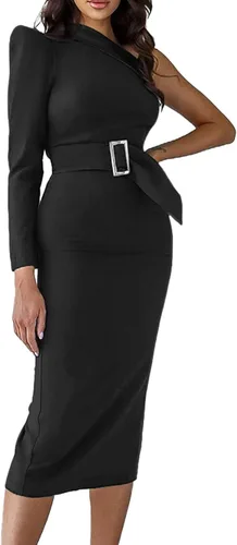 Vista 3 de Rooscier Vestido midi elegante de manga larga con cinturón y un hombro descubierto para mujer