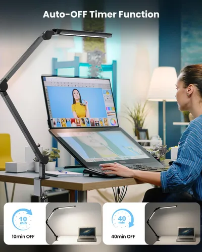 Vista 4 de Lámpara de escritorio LED con abrazadera, luz de escritorio de arquitecto de doble luz ultra brillante con brazo oscilante ajustable, 4 modos