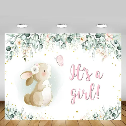 Vista 5 de MEHOFOND Fondo para decoración de fiesta de baby shower, de 7 x 5 pies, pancarta de primavera de Pascua, rosa, floral, mariposa, conejo, hojas