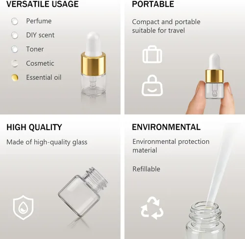 Vista 5 de Elfenstall- Mini Empty 15pcs 1ml (1/4 Dram) Clear Glass Bottle with Glass Eye Dropper Vial Small for Essential Oil Sample