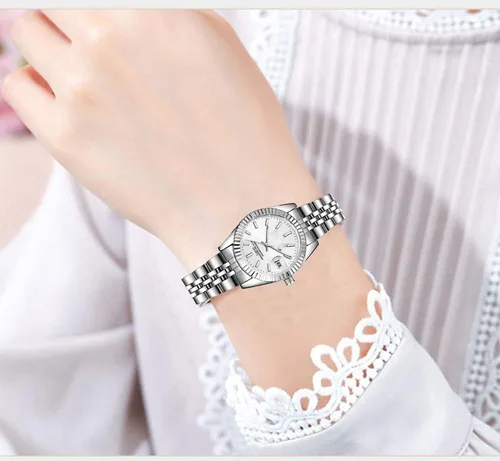 Vista 2 de Reloj analógico de cuarzo para mujer, clásico, plateado, de acero inoxidable, resistente al agua, reloj analógico