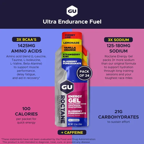 Vista 2 de GU Energy Roctane Ultra Endurance Gel Energizante, Vegano, Sin Gluten, Kosher y Sin Lácteos, Nutrición Deportiva Para Correr, Andar en Bicicleta