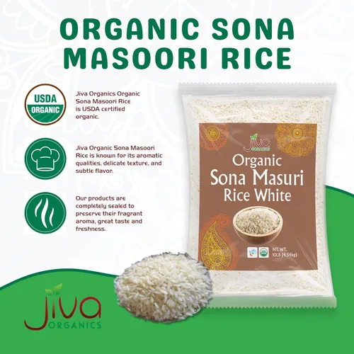 Vista 3 de Jiva Organics - Arroz orgánico Sona Masoori de 10 libras de calidad premium, origen indio, arroz de grano corto, todo natural y sin OMG (10 libras)