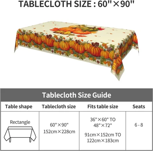 Vista 2 de Mantel de Otoño de Acción de Gracias con Hojas de Calabaza, Mantel Rectangular Lavable de Cuadros Rústicos para Decoración de Cocina y Comedor