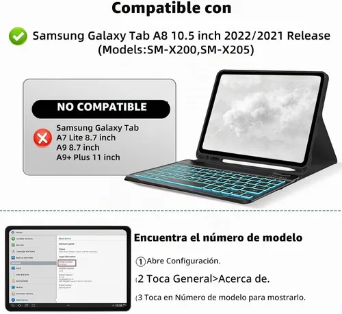 Vista 2 de Funda de teclado para Samsung Galaxy Tab A8 10.5 pulgadas - 7 colores retroiluminados cubierta de teclado y mouse (negro)
