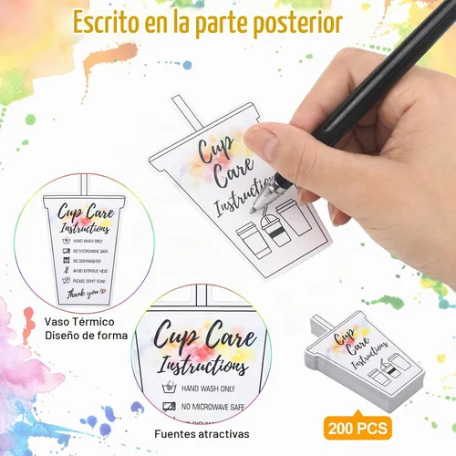 Vista 3 de Sureio 200 Piezas Tarjetas para Vasos Tumbler, Tarjetas de Instrucciones de Cuidado de Tazas, Tarjetas de Cuidado de Vasos, Inserto de Taza