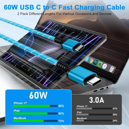 Vista 2 de Cable de carga rápida para iPhone 17e para iPhone 17 Pro Max 17 Pro 17 Air 16e 16 Pro Max/Plus/Pro 15,60 W, paquete de 2 cables de carga de 10 pies