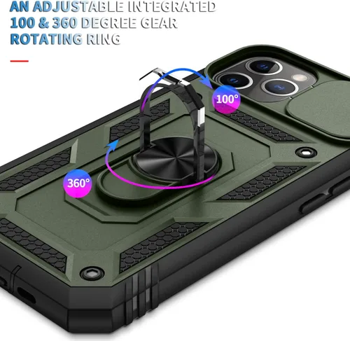 Vista 3 de PASNEW Funda militar para iPhone 13 Pro Max, cubierta de cámara deslizante y soporte de anillo de metal de 360°, carcasa rígida multicapa resistente