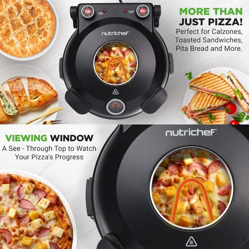 Vista 4 de NutriChef Horno eléctrico para pizza Máquina de pizza de encimera de 1200 W con control de temperatura y termómetro Ventana de visualización