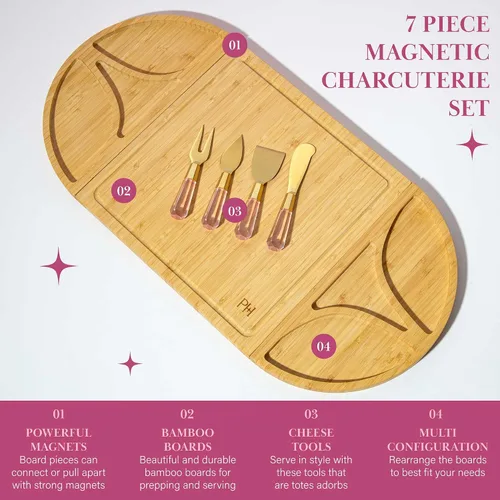 Vista 7 de Juego de tabla para embutidos y bandeja de servir Paris Hilton, tabla de bambú magnética y personalizable con utensilios para queso, set de 7
