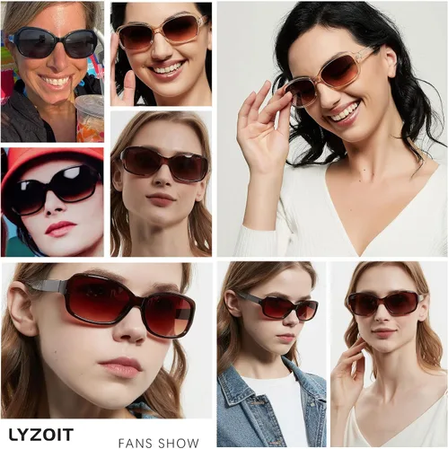 Vista 4 de LYZOIT Gafas de sol cuadradas para mujer, clásicas, vintage, protección UV, marco Havana, paquete de 2 sombras, S