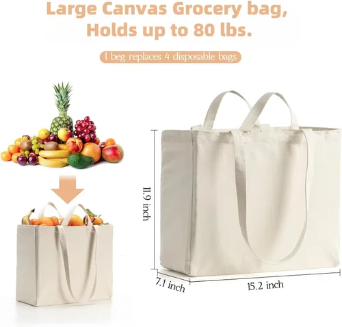 Vista 4 de Bolsa de lona reutilizable LINICE con asa larga y asa corta plegable, resistente y lavable (paquete de 3) Asas largas/cortas