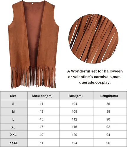 Vista 4 de SATINIOR Disfraz hippie de los años 60 y 70 para hombre, con flecos, tela de gamuza, chaleco hippie para Halloween, carnaval, Mardi Gras, fiesta