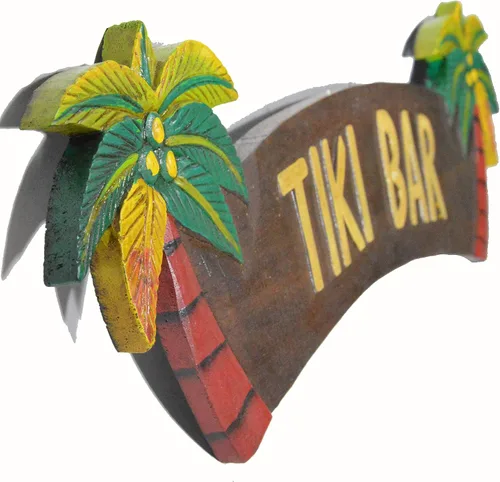 Vista 2 de WorldBazzar Letrero Tiki BAR tallado a mano con dos palmeras 3D