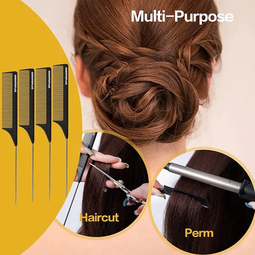 Vista 5 de 4 peines de cola de rata, peines de cola de rata, peine de dientes finos con púa de metal para cabello rizado, peines desenredantes para mujeres