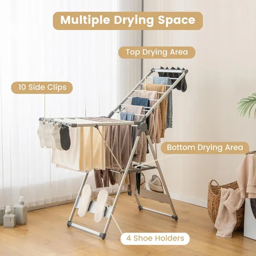 Vista 4 de Tangkula Estante de secado de ropa plegable, estante de secado de aluminio de 2 capas que ahorra espacio con alas ajustables, estante de secado