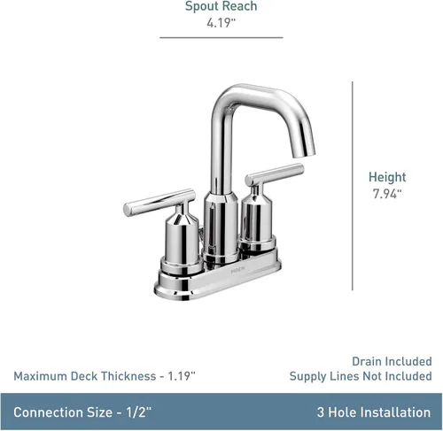 Vista 2 de Grifo de baño moderno Moen Gibson cromado de arco alto con dos manijas de montaje central con conjunto de desagüe, 6150