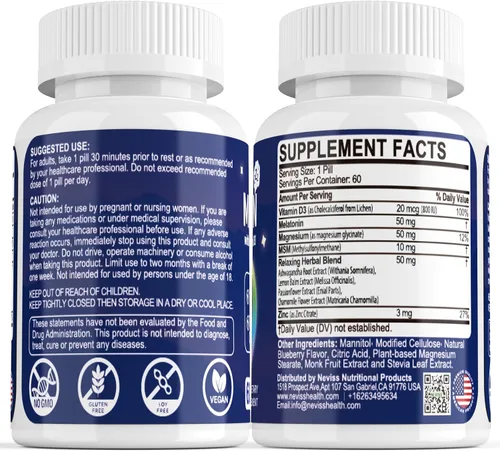 Vista 9 de NEVISS Melatonina 50 mg para Adultos - Fuerza Extra 9-en-1 de Disolución Rápida Sublingual - Dosis Alta con Glicinato de Magnesio, Vitamina D3