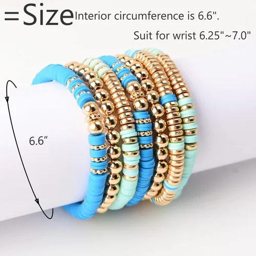 Vista 2 de Pulseras de cuentas de arcilla estilo heishi surfista para mujer, con discos de vinilo y dije de mal de ojo, apilables, pulseras elásticas