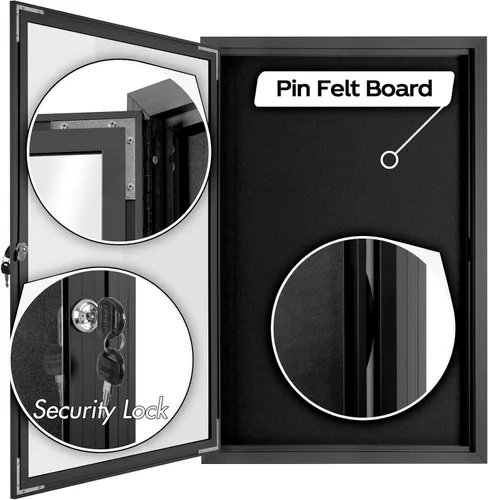 Vista 3 de INNOVART Tablero de anuncios cerrado de 36" x 24", tablero de anuncios de tela con cerradura con marco de aluminio, vitrina de pared con puerta Negro