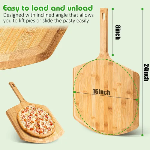 Vista 5 de Pala de pizza de 16 pulgadas, de bambú natural, espátula de pizza para pizza, accesorio de horno para tabla de pizza de madera grande