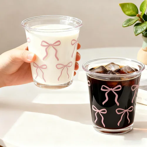 Vista 8 de Vasos de vidrio con lazo rosa, 14 onzas, bonitos vasos de vidrio con lazo estético para café helado, matcha, leche, jugo, cóctel, San