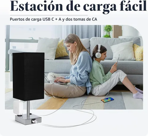 Vista 6 de Lámpara de noche con puertos USB - Lámpara de mesa de control táctil para dormitorio con puertos de carga USB C + A y salidas de AC, lámpara