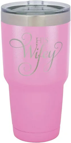 Vista 19 de Taza de viaje de acero con recubrimiento de polvo grabado con láser, con grabado «HIS WIFEY» de 325 ml, sin BPA, para mantener tu bebida fría