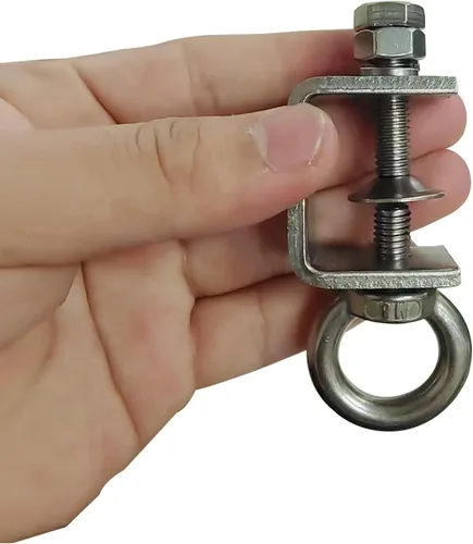 Vista 5 de 4 abrazaderas C de acero inoxidable con anillo; gancho en J resistente para colgar; abrazadera de haz con anillo, que puede soportar 100 libras