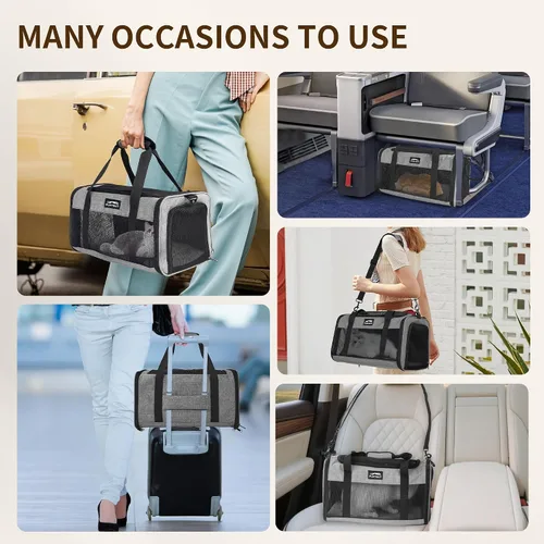 Vista 7 de Transportador de mascotas aprobado por la TSA para gatos pequeños y cachorros, de lados suaves y plegable, transportador de gatos y perros para Negro