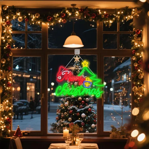 Vista 6 de Letrero de neón de Feliz Navidad para decoración, luz de ventana de neón con sombrero de árbol de Navidad, decoración de pared de 16.4 x 12.6