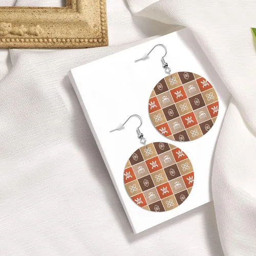 Vista 5 de Aretes redondos de cuero, patrón étnico africano con símbolos Adinkra de piel sintética, aretes colgantes para mujeres y niñas, Cuero sintético, No