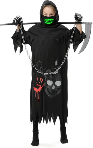 Vista 3 de Grim Reaper Costume for Kids, Halloween Costumes for Boys and Girls, with Scythe, Chain, Gloves and Luminous Masks