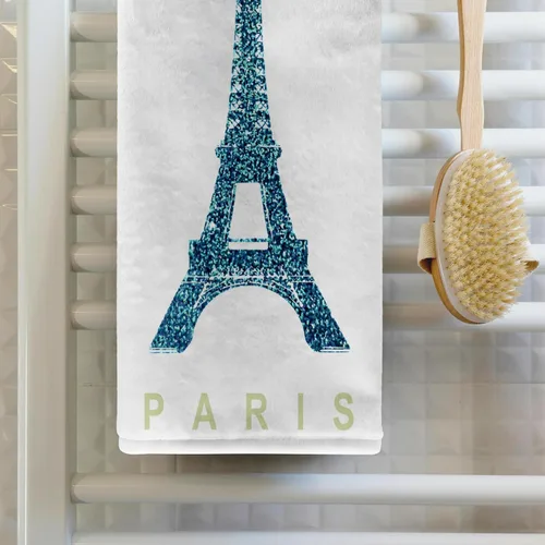 Vista 2 de Torre Eiffel azul rosa 3D con lazo de cinta verde femenina, bonito y elegante recuerdo de Francia, toalla de viaje glamorosa para manos/deportes, 15