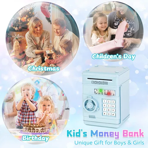 Vista 5 de Refasy Alcancía para dinero en efectivo, cajero automático, banco electrónico de monedas para niños de 3 a 12 años, caja de ahorro de dinero, mini
