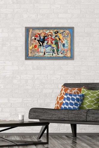 Vista 2 de One Piece - Póster de pared con mapa grupal, 22.4 pulgadas de largo x 14.7 pulgadas de ancho, versión enmarcada de madera de granero