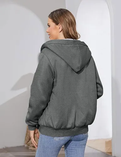 Vista 4 de PUWEI - Sudadera con capucha, con zíper y forro de felpa grueso, para mujer