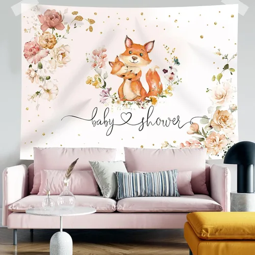 Vista 4 de Telón de fondo para baby shower de zorro para niñas, flores de fotografía con texto en inglés "It's a Girl", fondos de fotografía de animales