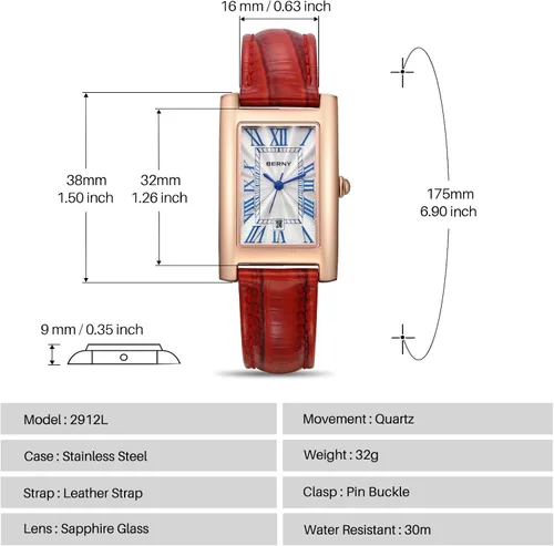Vista 6 de BERNY Reloj rectangular de cuarzo con marcadores clásicos de números romanos para mujer, reloj de pulsera analógico casual con calendario de fecha