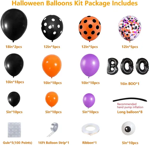 Vista 4 de Kit de arco de guirnalda de globos de Halloween con globos de araña, globos de confeti negro, naranja, morado, globos de papel de aluminio